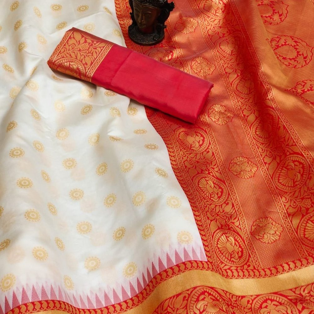 BEAUTIFUL WHITE AND RED SOFT SILK COMBINATION SAREE AND CONTRAST BLOUSE - Picture 7 of 9